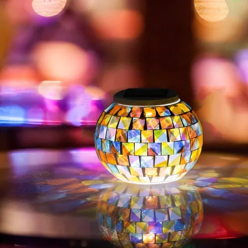 Miniatura 3 de WSgift - Bola de luz de colores a energía solar con mosaico de vidrio LED para jardín, lámparas de mesa recargables impermeables para exterior