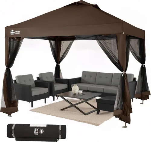 CROWN SHADES Gazebo - Toldo desplegable de 10 x 10 pies con mosquitera, tienda de campaña con 4 cuerdas, 8 estacas, 4 bolsas de arena y bolsa de Café