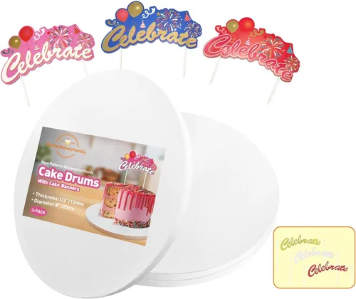 Tambores para Pasteles de 8 Pulgadas con Decoración Superior de Banner para Pastel - Base para Pastel Redonda Blanca (Paquete de 3) Bases para