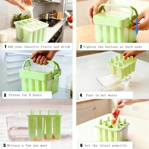 Miniatura 4 de Moldes para paletas con tapa y contenedor, 9 piezas, reutilizables, fáciles de liberar, moldes para paletas caseras, sin olor, sin bisfenol A 8