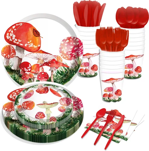 Juego de vajilla de 116 piezas de vajilla roja de hongos en acuarela que incluye platos de hongos y servilletas, platos llanos, tazas para