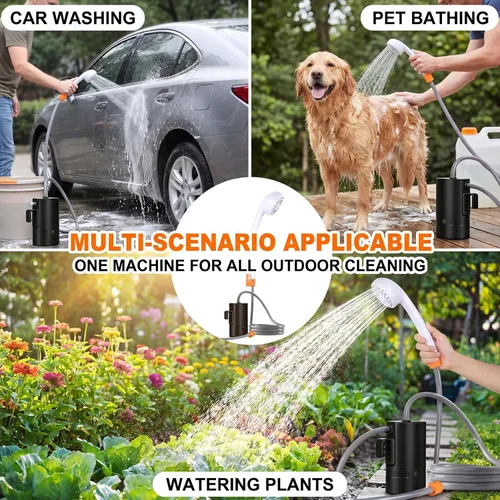 Miniatura 2 de Ducha portátil para campamento, 4400 mAh, recargable por USB, IPX7, impermeable, bomba de ducha con batería + cubo plegable para campamento Negro