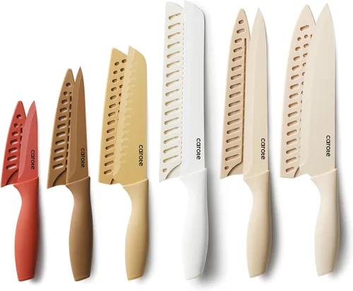 CAROTE - Juego de cuchillos de cocina de 12 piezas, de acero inoxidable con revestimiento antiadherente cerámico, apto para lavavajillas con 6