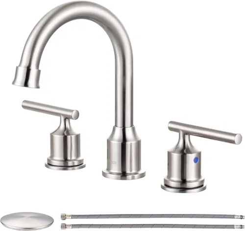 Miniatura 16 de WOWOW Grifo de baño de 2 manijas de bronce aceitado grifo de lavabo de baño de 3 agujeros con drenaje emergente y mangueras de suministro grifo
