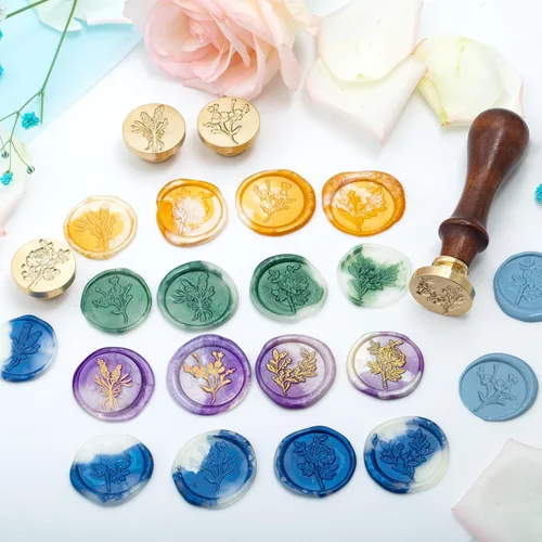 Miniatura 4 de Juego de sellos de cera para flores y plantas, kit de sellos de sellado botánico, rosa romántica, elegante, lavanda, hojas de eucalipto, cosmos