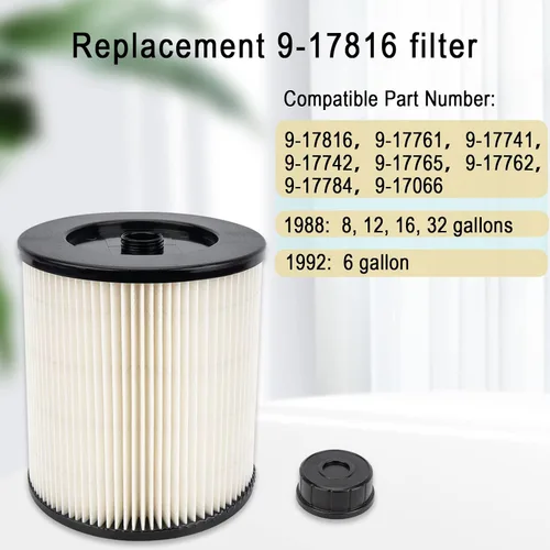 Miniatura 2 de 17816 Filtro para Shop Vac Craftsman 9-17816 Filtro Craftsman para aspiradoras húmedas/secas de 5/6/8/12/16/32 galones más grandes accesorios