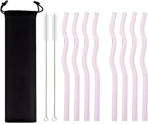 Miniatura 15 de JASHII Pajitas de vidrio onduladas incoloras, 8 pajitas de vidrio reutilizables de 7.87 x 0.31 pulgadas con bolsa negra, multicolor para beber