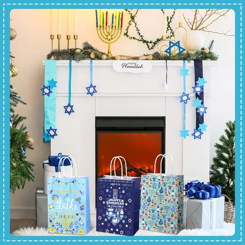 Miniatura 4 de Outus 24 Piezas Bolsas de Favor de Fiesta de Hanukkah Bolsas de Papel de Regalo y Golosinas de Chanukah con Asas Estrella Azul de David Dreidel