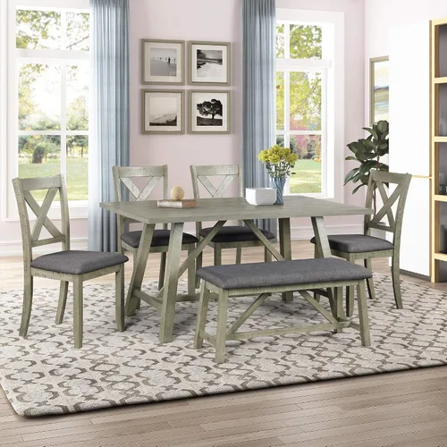 Miniatura 24 de KLMM Elegante y clásico juego de mesa de comedor de madera de 6 piezas con 4 sillas y otomana, adecuado para cocina y comedor