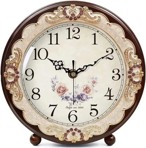 Miniatura 8 de Justup Reloj de mesa vintage, estilo retro europeo sin tictac, reloj de escritorio operado con baterías, movimiento silencioso de cuarzo para Marrón