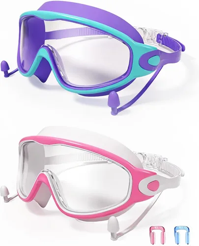 Miniatura 13 de Gafas de natación para niños de 3 a 15 años con tapones para los oídos, marco grande, gafas de natación antivaho/UV para niños, niñas y bebés, 2