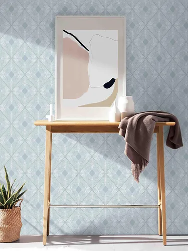 Miniatura 7 de Dimoon Papel tapiz texturizado para despegar y pegar, de 236 x 16.1 pulgadas, papel tapiz geométrico azul y blanco, grueso, impermeable, moderno