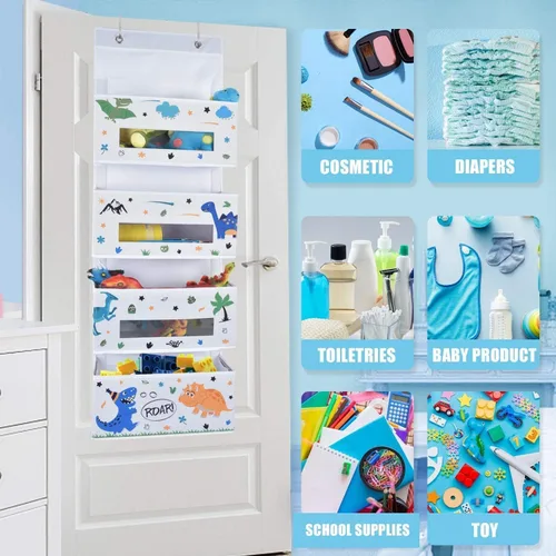 Miniatura 5 de WERNNSAI Organizador colgante de dinosaurio para colgar sobre la puerta, almacenamiento detrás de la puerta con 4 bolsillos transparentes