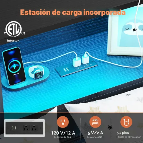Miniatura 5 de DICTAC Marco de cama esquinero tamaño individual con almacenamiento y luces LED, plataforma de metal con 2 cajones y estación de carga, cama
