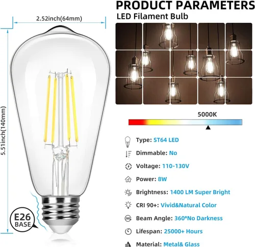 Miniatura 2 de Paquete de 4 bombillas LED Edison vintage ST64 de 8 W, equivalente a 100 W, 1400 lúmenes, luz blanca diurna de 5000 K, bombillas de filamento LED