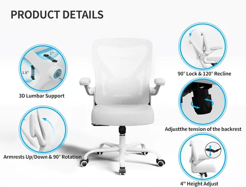 Miniatura 7 de Silla de oficina blanca para personas grandes y altas - 400 libras, silla de escritorio para computadora de asiento ancho, silla gamer ergonómica
