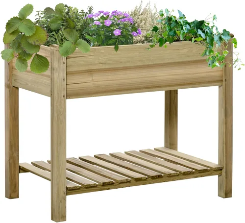 Miniatura 17 de Outsunny - Jardinera elevada de madera con estante de almacenamiento, orificios de drenaje y forro para el patio trasero, la terraza, el balcón, 47