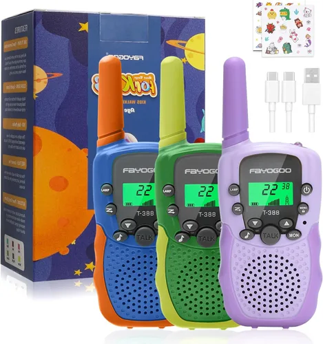 Miniatura 8 de FAYOGOO Paquete de 3 Walkie Talkies para Niños de Largo Alcance 2 Millas, Walkie Talkies Recargables para Niños con Linterna, Batería Incorporada
