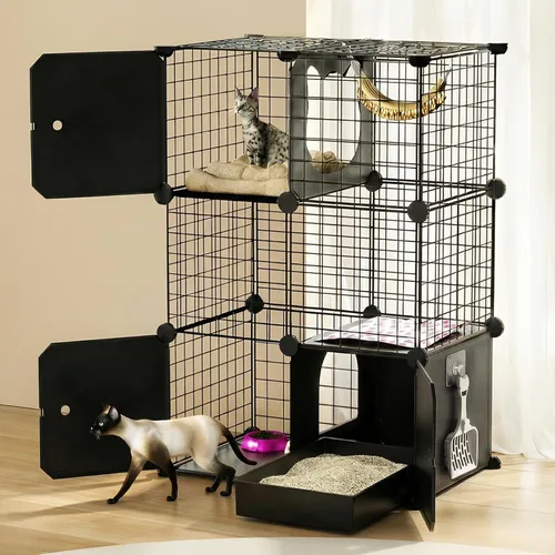 Miniatura 8 de Recinto Grande de 3 Niveles para Gatos para Interiores y Exteriores con Caja de Arena, Corralito Multifuncional Desmontable Catio - Jaula Perrera