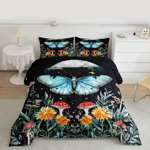 Miniatura 3 de Erosebridal Juego de edredón de mariposa azul para niñas y mujeres, juego de ropa de cama de fase lunar, tamaño matrimonial, lindo edredón acolchado