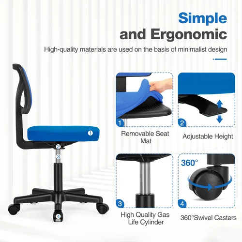 Miniatura 5 de Sweetcrispy Silla de oficina, ergonómica, de malla con respaldo bajo, giratorias, con ruedas, asiento cómodo sin brazos, soporte lumbar para el Azul