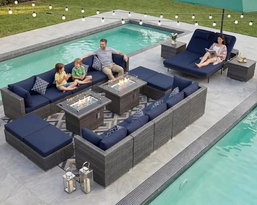 Miniatura 79 de NICESOUL Juego de muebles de patio para exteriores de 7 piezas con mesa para hoguera, gas natural y propano convertible, respaldo alto de 29.3