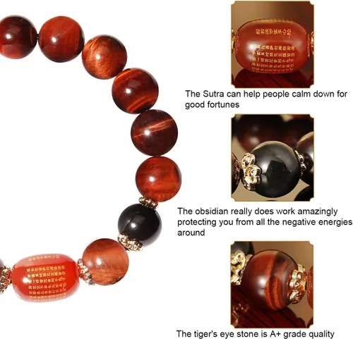 Miniatura 3 de Jewever Pulsera de triple protección Feng Shui Healing Stretch- Ojo de tigre - Obsidiana - Sutra ágata cuentas 0.472 in Piedra Unisex Joyería, Gema