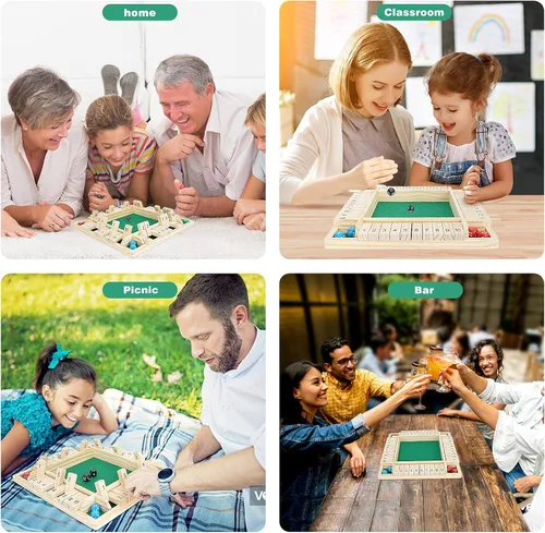 Miniatura 3 de Win Sports - Juego de dados “Shut the Box” (cierra la caja) para 4 jugadores con 10 números, tablero en madera de 4 lados para juego de mesa