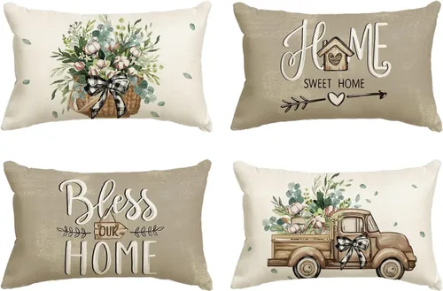 Miniatura 15 de AVOIN colorlife - Fundas de cojín estilo granja con mensaje Bless Our Home, diseño de hojas de eucalipto y camión azul Home Sweet Home, 16 x 16