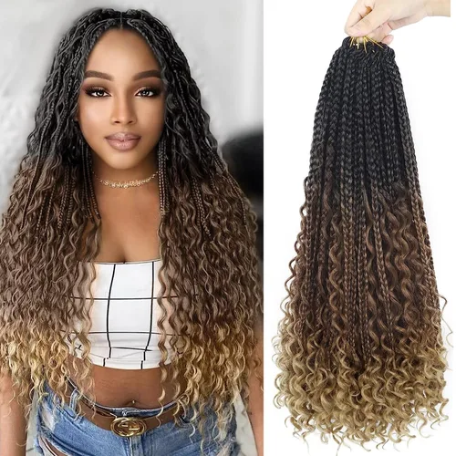 Miniatura 48 de Goddess Box Braids - Trenzas de cabello a ganchillo con extremos rizados, trenzas de caja bohemianas de 16 pulgadas, trenzas de ganchillo, 8 1B-4-30