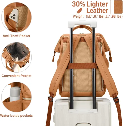 Miniatura 2 de Kah&Kee - Mochila de cuero con compartimento para laptop, ideal para viajes, escuela, para mujeres y hombres, marrón claro (Camel Beige)), PU1211