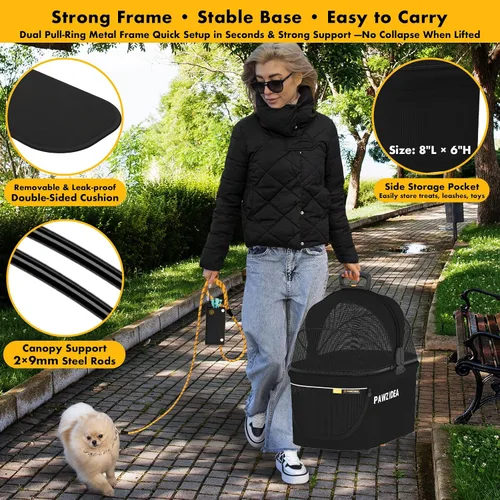 Miniatura 7 de PAWZIDEA Carriola de mascotas 4 en 1, Carriola de gatos con portaequipaje desmontable y dosel sin cremallera, jaula portátil para perros
