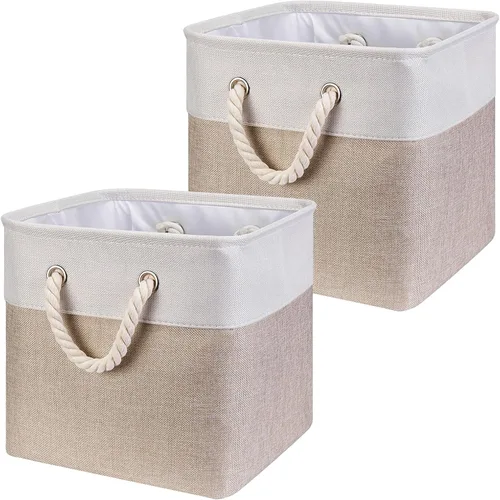 Miniatura 10 de Cubos de almacenamiento de tela de lino beige y azul marino de 13 x 13 x 12.5 pulgadas, paquete de 2 cubos de almacenamiento de 13 x 13 pulgadas