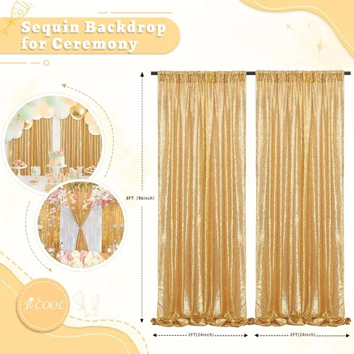 Miniatura 4 de Cortinas con lentejuelas doradas, 2 unidades de 2 x 8 pies, con brillantina, telón de fondo para bodas Dorado