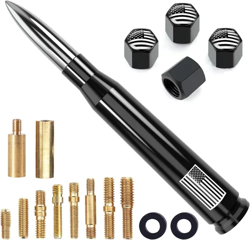 Miniatura 11 de Antena de camión para automóvil con tapas de válvula de neumáticos, bandera estadounidense, repuesto corto universal para GMC Sierra, Chevy, Negro