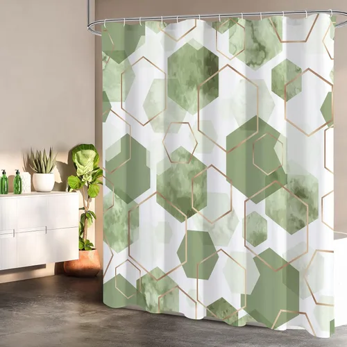 Miniatura 2 de Litabel Cortina de ducha moderna verde salvia para baño, decoración de arte geométrico, cortina de baño impermeable, juego de cortinas de ducha