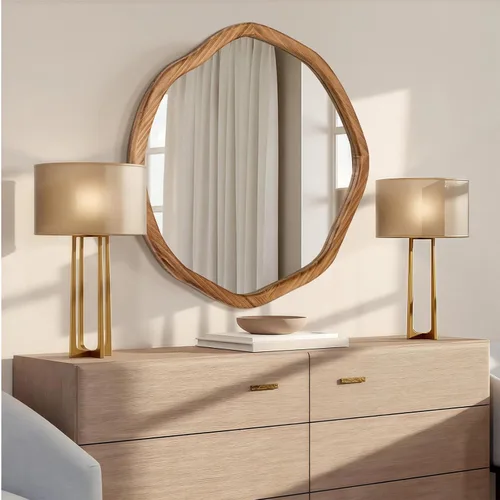 Miniatura 2 de ULIKE Espejo redondo de madera, espejo de pared circular irregular de 24 pulgadas con marco de madera, soporte de pared decorativo rústico