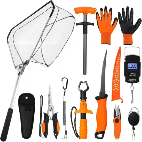 RoundFunny Kit de herramientas de pesca de 10 piezas, alicates de pesca con cordón y fundas protectoras, salabre, cuchillo de filete, balanza de