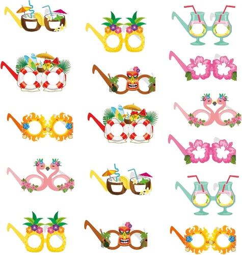 Miniatura 7 de OURUOLA Decoraciones hawaianas de verano para fiestas en la piscina, gafas de sol divertidas - 16pcs gafas tropicales Aloha flamingo, decoración