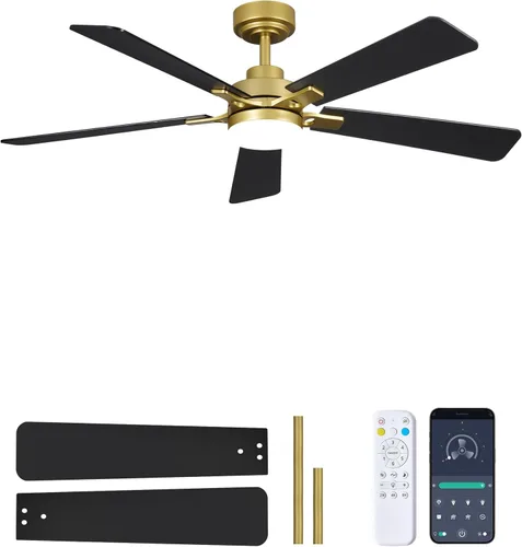 Miniatura 14 de Ventilador de techo de 48 pulgadas con luces y control remoto, montaje de varilla descendente, compatible con techo inclinado hasta 15°, motor CC