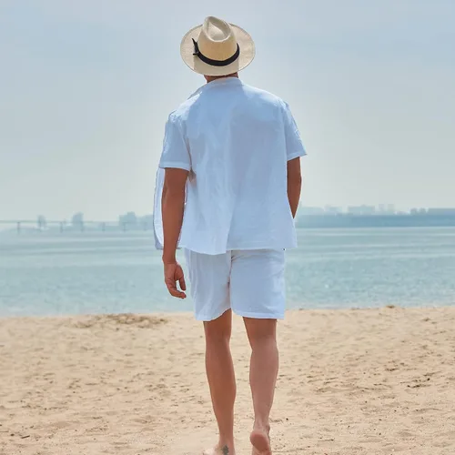 Miniatura 3 de AOTORR Conjunto de lino de 2 piezas para hombre, camisa de manga corta con botones y traje de playa corto