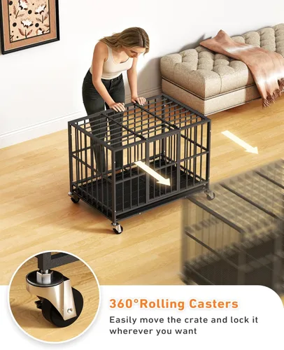 Miniatura 4 de Jaula para perros resistente de 38 pulgadas con puertas dobles y ruedas con cerradura, perrera grande para interiores, bandeja extraíble para una