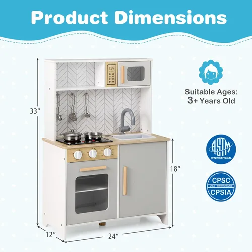 Miniatura 7 de Costzon Juego de cocina para niños, cocina de madera con luces y sonidos, estufas, fregadero, grifo, microondas, horno y accesorios de cocina, juego