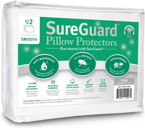 Miniatura 8 de SureGuard juego de 2 protectores de almohada, 100% impermeables, a prueba de insectos, hipoalergénicos, fundas premium de algodón rizado