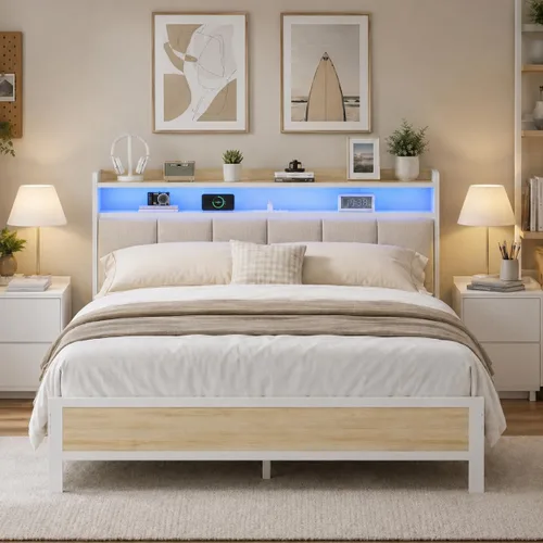 Miniatura 13 de IMMERSTABLE - Base de cama individual con cabecero de almacenamiento, marco de cama de plataforma metálico individual con luces LED y estación