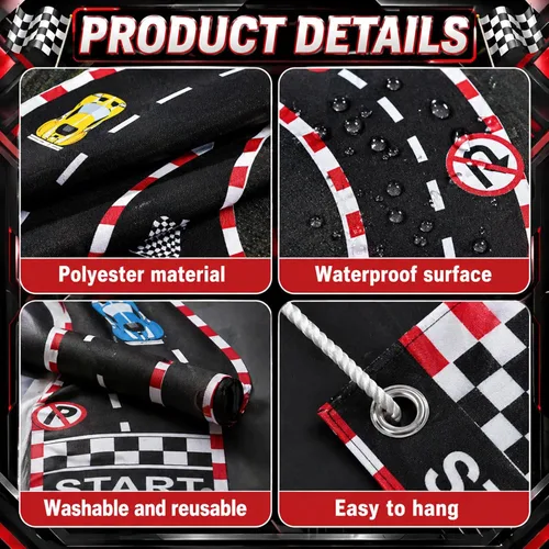 Miniatura 3 de 3 piezas de decoración de cumpleaños de coche de carreras, cartel arqueado de tela para porche, telón de fondo de arco de coche de carreras