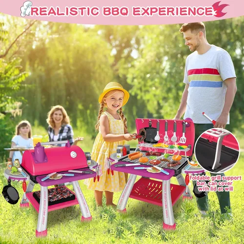 Miniatura 5 de Juguetes de Cocina para Niños, Parrilla de Barbacoa para Niños Juego de Cocina con Humo, Sonido y Luz, Juguetes de Comida Rosa Juego de Cocina