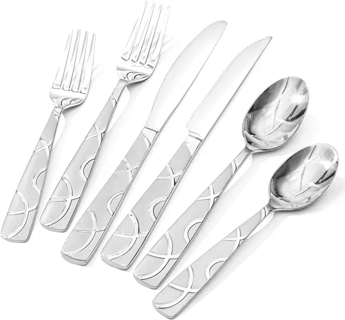 Miniatura 8 de HIKAA Juego de cubiertos de plata, juego de 30 piezas de cubiertos de acero inoxidable para 6, para cocina, hogar, boda, fiesta, pulido tipo espejo