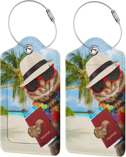 Juego de 2 etiquetas de equipaje de cuero con pasaporte, diseño de árbol tropical, con lazo de acero inoxidable para mujeres y hombres