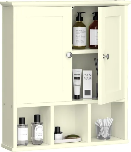 Shintenchi Armario de pared para baño con puerta, organizador de almacenamiento sobre el inodoro para medicinas, ahorro de espacio con estante Nogal